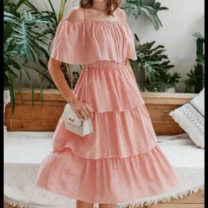 Off The Shoulder Peach Pink Polka Dot Layered Tiered Ruffle Midi Dress
